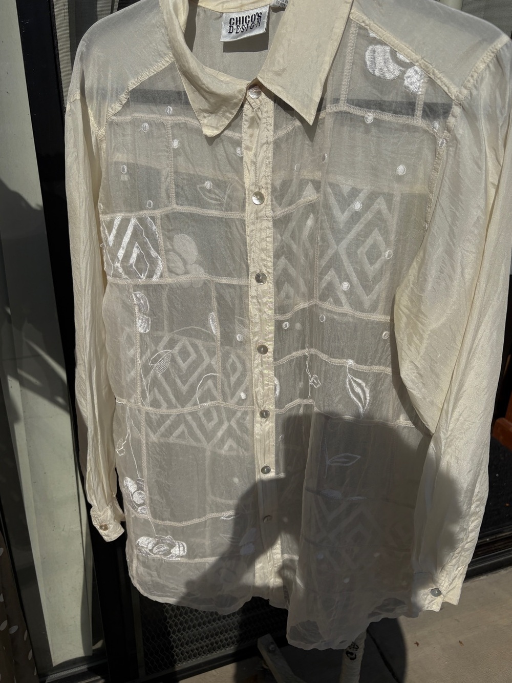 Chico's Cream Sheer Embroidered Button-Down Shirt